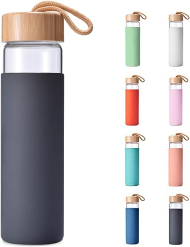 Botellas de agua de vidrio borosilicato de 20 onzas con funda de silicona sin BPA, aptas para lavavajillas, vidrio transparente reutilizable con tapa de bambú a prueba de fugas, botellas de agua