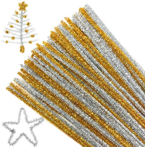 Kids B Crafty Glitter Pipe Cleaners - 100 Sparkly Gold & Silver Chenille Stems 30cm x 6mm for Christmas Crafts, Decorations & DIY