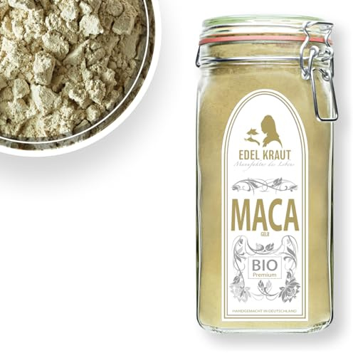 Gelbes Maca Pulver BIO aus Peru im Premium XXL Glas | Maca Wurzel Pulver | EDEL KRAUT - 100% reines Gelbes Maca Pulver Bio aus Peru - PREMIUM Bio Maca Pulver gelb für Maca Cafe - maca coffee