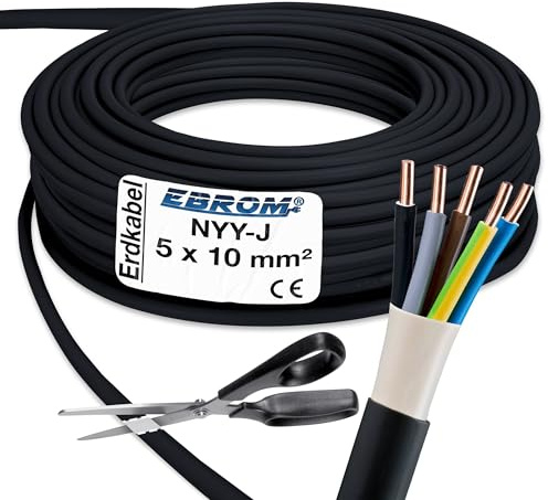 EBROM Erdleitung NYY-J 5x10 mm² Starkstromkabel Erdkabel schwarz - 10 m | 5m bis 100 m, Elektrokabel zur Verlegung im freien oder im Erdreich - VDE 0276, Teil 603, Nennspannung: 600/1000V, 5x10 mm2