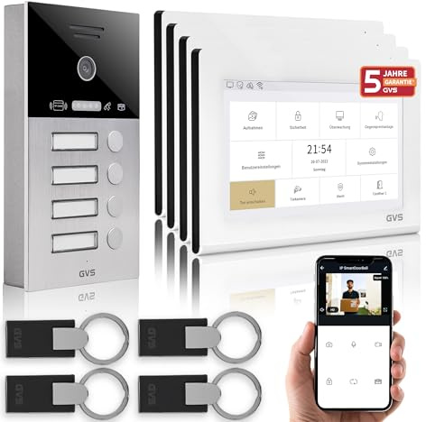 GVS IP Video Türsprechanlage mit Türöffner & RFID - 4x7 Monitor & App | Smarte Video Türklingel mit Kamera und Monitor & App - Gegensprechanlage mit Türöffner für 4 Familienhaus (AVS4461A)