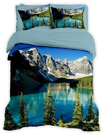 Traumschlaf Renforcé Bergsee Bettwäsche Set • mega Mountain Design • 100% Baumwolle mit Reißverschluss 135x200 cm + 80x80 cm