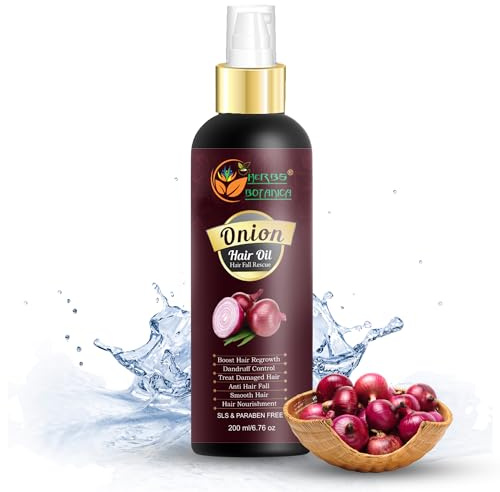HERBS BOTANICA Red Onion Hair Oil with Black Seed Oil, Jojoba, Argan, Tea Tree, Sandalwood, Rose - Hair Growth Essentials and Hair Loss Control, 6.76 fl oz
