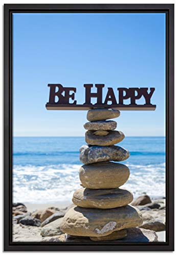 Pixxprint Steinturm am Strand Leinwandbild 60x40 cm im Bilderahmen, Wandbild, Schattenfugenrahmen, Kein Poster