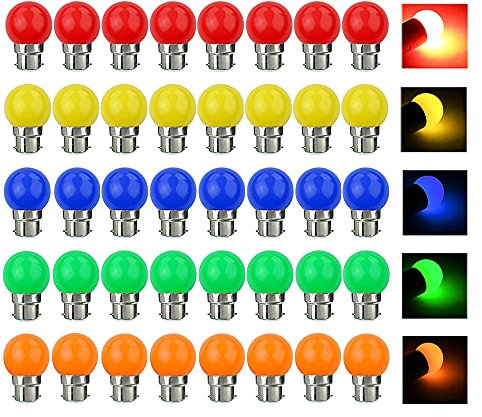 V-TOO Bombillas LED Colores B22 Bayoneta Cap 3W 240Lm AC220V-240V B22 Bombillas Golf Multicolor Vistoso LED Lámpara Luz Ambiente para Hogar, Decoración, Bar, Fiesta, KTV - 40 Pack