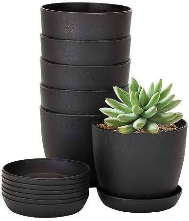 KINGLAKE 8Pcs Small Black Plant Pots Indoor 10cm Plastic Flower Pots Decorative Nursery Pots with Trays for Cuttings Succulent Cactus House Plants Herbs