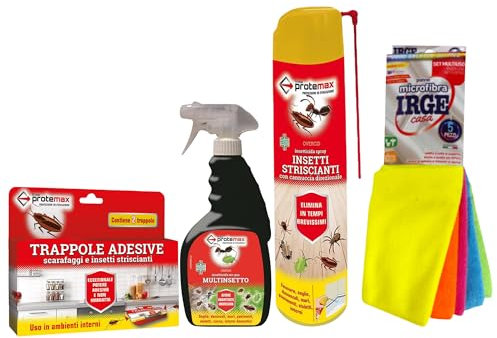 PROTEMAX Kit Insetti Striscianti : Trappole adesive - Insetticida No-Gas - Insetticida Spray + 5 Panni in Microfibra