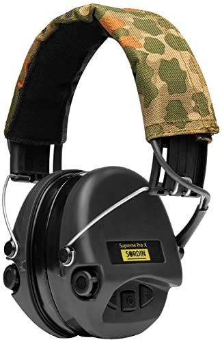 ACE Sordin Pro-X Aktiver Kapsel-Gehörschutz - EN 352 - mit German-Camo-Stoffband, Gelkissen & schwarzen Kapseln