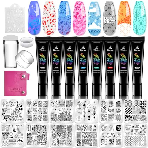 Biutee 24Pcs Nail Stamping Plates Kit, Stamping Plates for Gel Polish with 8 Colors Nail Stamping Polish, 12pcs Nail Templates Flower Animal Pattern Manicure Print Tools for DIY Nail Art Designs