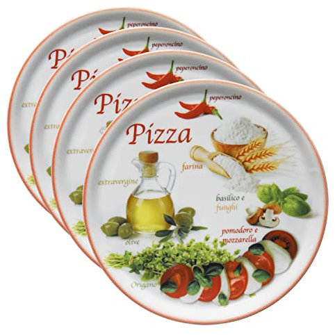MamboCat Lot de 4 assiettes à pizza Napoli Red Ø 32 cm I Assiettes de service avec motifs I Plaques à apéritif pour servir des antipasti ou de la mozzarella à tomate I Assiettes en porcelaine colorées
