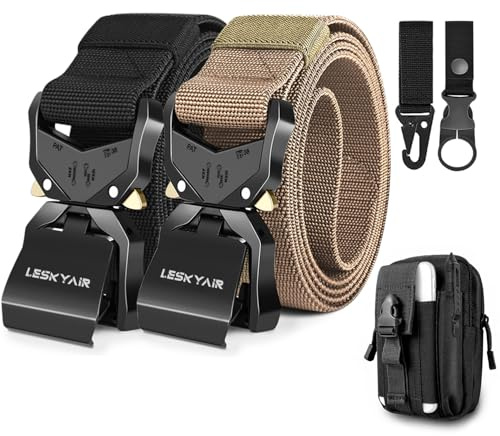 Leskyair 2er Herren Taktischer Gürtel, Arbeitsgürtel Hochleistungsgürtel, Gürtel Militär Wandern 3,8cm Breite, Geschenk mit Molle Beutel und Wasserflaschenclip Haken