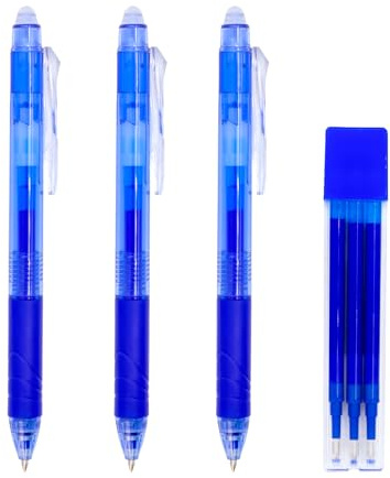 RAYLU PAPER® 3-pack med infällbara raderbara kulspetspennor och 3 påfyllningar, med hybridgelbläck, blått och 0,7 mm linje, (3 blå + 3 påfyllningar)