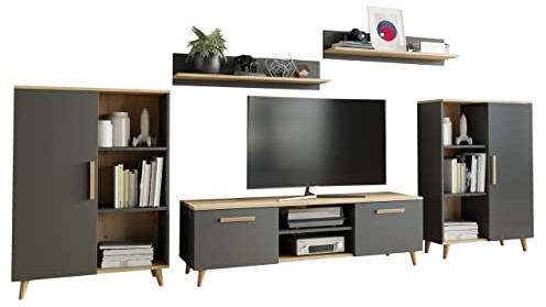 MATKAM Wohnzimmermöbel-Set Oslo 2, 4-teilig, 1 x TV-Kommode H47x B150 x T40 cm, 2 x Wohnzimmerkommode H112 x B80 x T30cm, 2 x Hängeregale H20 x B100 x T20 cm (Anthrazit-Artisan Eiche)