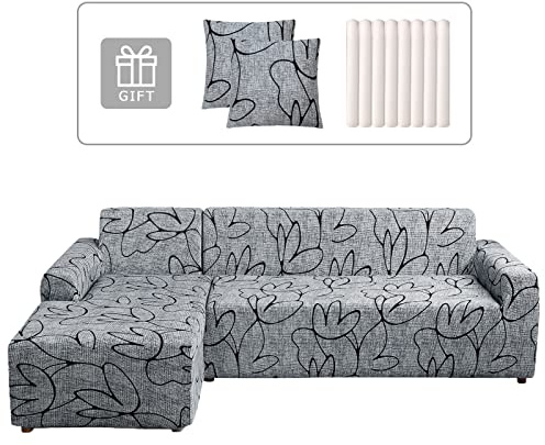 Lydevo Sofabezug Ecksofa L Form Sofa Überwürfe Stretch Sofabezug L Form Rechts oder Links mit Zwei Kissenbezügen Waschbar Universal-Couchbezug L Form Sofa Cover L Shape(3 Sitzer+3 Sitzer,Graue Blume)