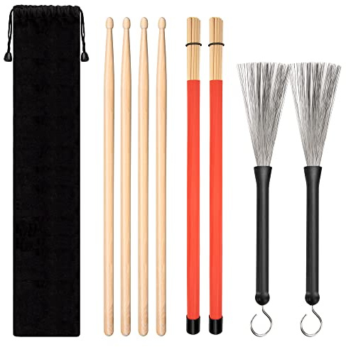 Lot de 4 Paires de 5A Baguettes de Batterie Classique en Érable Bois, Brosse à Tambour et Baguettes en Duvet avec Sac de Rangement pour Batteurs Débutants ou Avancés