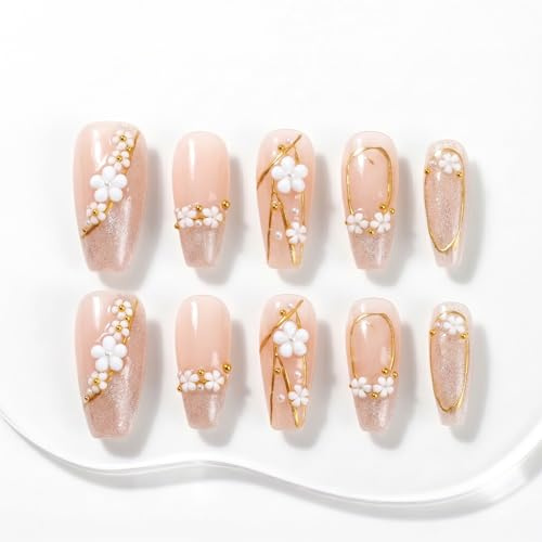 Sun&Beam Nails Handgefertigte Press-On Nails Medium Almond Rosa (#010 S) | Zartes Rosa mit Blüten, Goldlinien und feinem Schimmer, glänzendes Finish im 10-teiligen Set