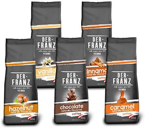 Der-Franz Lot de 5 paquets de café en grains entiers aromatisés (1 noisette, 1 vanille, 1 chocolat, 1 cannelle, 1 caramel)
