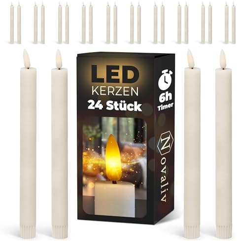 Novaliv 24er Set Stabkerze LED - aus Echtwachs bewegliche Flamme Timer - 12, 5cm Höhe für 2, 2cm Durchmesser / 1x AA Batterie notwendig -, Elfenbein, Gross