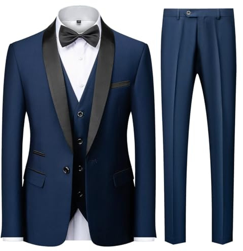 KUDMOL Traje de 3 piezas para hombre, elegante oficina, formal, trabajo, ajustado, chaqueta de chal de un botón, solapa clásica, ligera, transpirable, boda, baile, Azul profundo., XL