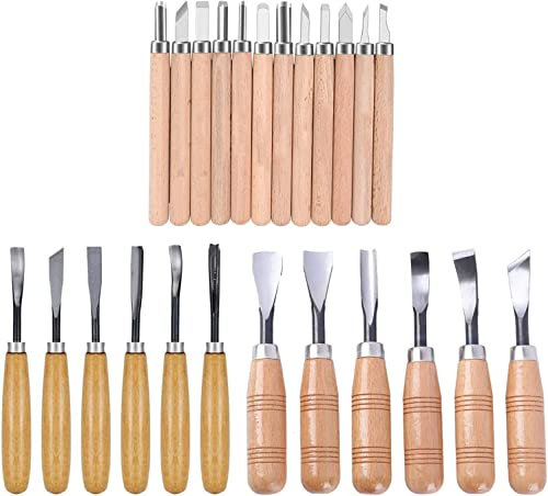 Herramientas para tallar madera, juego de cuchillos de madera de 24 piezas, juego de tallado de madera, juego de cinceles profesionales, que incluye gubias básicas de tamaño pequeño, mediano y grand