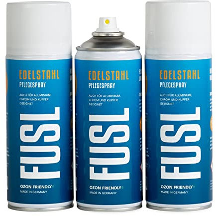 FUSL Edelstahl Pflegespray 3x 400ml, streifenfreie Reinigung, Pflege & Schutz von Edelstahl, Chrome, Aluminium - für Haushalt, Gastro, Küche, Grill - Ideal gegen Fingerabdrücke & Wasserflecken
