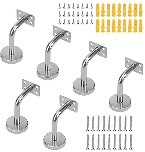 ZEONHAK 6 soportes de pasamanos plateados, 60 x 80 mm, soportes de acero inoxidable con tornillos y tubos de expansión