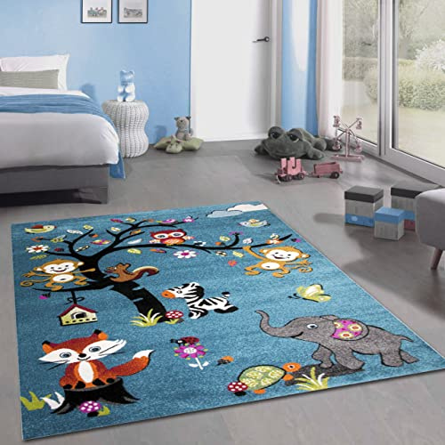 CARPETIA Teppich Kinderzimmerteppich Tiere Wald Zoo | Farbe blau | Größe 200 x 290 cm