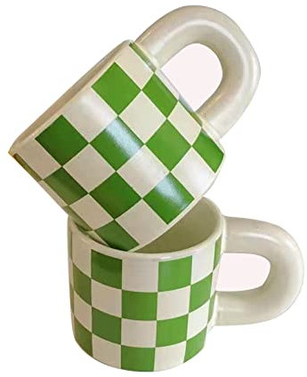 Tasses domestiques et commerciales, tasses à café, grande capacité tasse en céramique motif damier tasse ensemble de 2 tasses en porcelaine tasse à café tasse à lait 350 ml/12,3 oz-noir ( Color : Gree