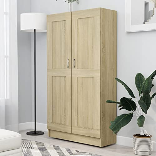 Festnight Bücherschrank Wohnzimmer Vitrinenschrank aus Holz Mehrzweckschrank Standvitrine Vorratsschrank Wohnzimmerschrank Sonoma Eiche 82.5 x 30.5 x 150 cm Holzwerkstoff