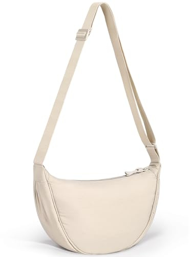 Yuson Girl Damen Halbmond Crossbody Schultertasche, Casual Moon Bag Einfarbige Tragbare Handtasche Nylon Halfmoon Crossbody Bag Umhängetasche mit Verstellbarer Schultergurt(Beige)