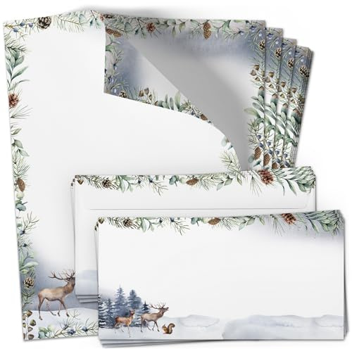 50 Briefpapier und Briefumschlag SET | Weihnachten im Winterland | Papier und Umschlag mit Design-Motiv bedruckt | 90 g/m²