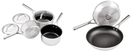 Ninja ZEROSTICK Stainless Steel Cookware 3-Piece Saucepan Set & ZEROSTICK 2-Piece Frying Pan Set, Stainless Steel Cookware