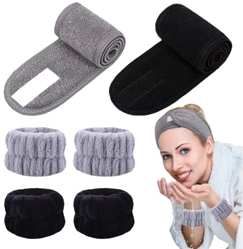 KEYRI 6 Stück Haarband Kosmetik Handgelenk Waschbänder Set, Kosmetik Stirnband Frottee Spa Stirnband Haarschutzband mit Klettverschluss Haarband für Damen Make Up Sport Yoga Dusche(Schwarz+Grau)