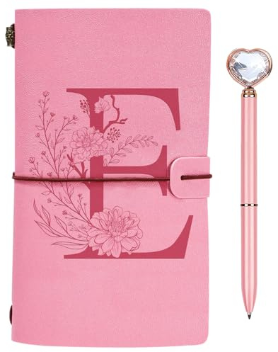 Initialen PU Leder Notizbuch mit Stift, Rosa Nachfüllbar Tagebuch für Frauen Mädchen, Reisetagebuch Skizzenbuch Notebook Geschenk für Freundin Schwestern Lehrer Abschluss Geburtstag Weihnachten E