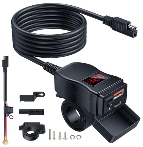 EXTRACTME Motorcycle USB Charger, Dual USB Type C PD & Quick Charge 3.0 Motorcycle Phone Charger with Voltmeter & ON/Off Switch, Waterproof Motorcycle Accessories for All Phone, Tablet, GPS