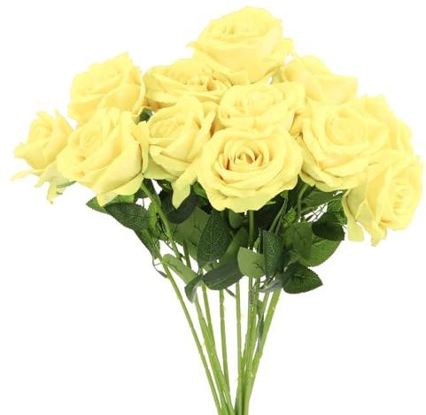 sourcing map 12 rose artificiali gialle pallide, rose finte in velluto, realistiche al tatto, con steli, per la decorazione della casa, bouquet di nozze, hotel, ufficio