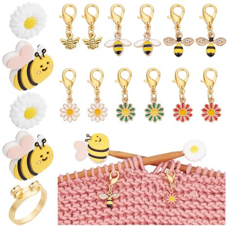 NBEADS 17-teiliges Strickzubehörkit, inkl. 12 Bienen- und Blumen-Maschenmarker, 4 Bienen- und Blumen-Stricknadelstopper, 1 Garnführungsfingerhalter für DIY-Stricken und Handarbeiten