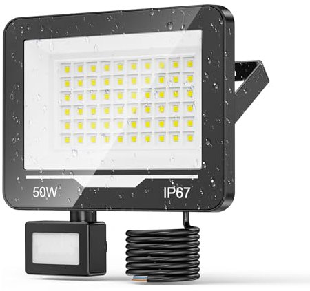TOPAUBUB Faretto LED da Esterno con Sensore di Movimento 50W 1 Pezzi - 5000LM 6500K IP67 Lampada da Esterno Faro LED Esterno con Sensore di Movimento per Giardino, Patio