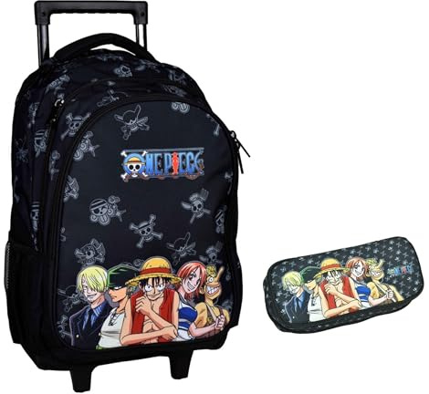 PRESTIGE & DELUXE Trolley Bag Sac à dos scolaire One Piece noir + trousse ovale zip 2 compartiments + porte-clés personnage, multicolore, standard, Trolley