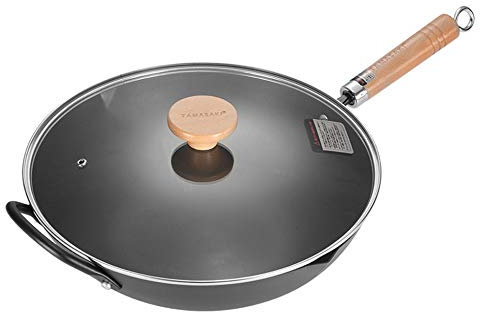 Olla para cocinar, Wok Hierro Antiadherente sin Revestimiento con Tapa - 33 cm - Sartén para saltear con Tapa Vidrio Templado y Mango Madera Haya