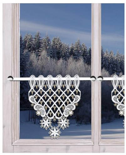 Scheibenhänger Weihnachtsträumerei mit Stern Echte Plauener Spitze Mini-Spitzengardine Winter mit Schneeflocken weiß-gold 21 x 16,5 cm