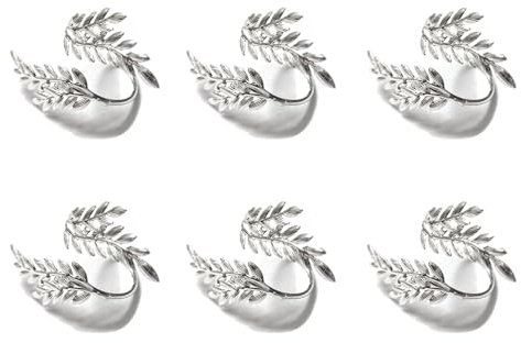 Climple Serviettenringe Set mit 6 Stück – Weizenblatt Silber Serviettenringe – Elegante dekorative silberne Serviettenringhalter Schnallen für Weihnachten, Herbst, Urlaub, Thanksgiving Esstisch