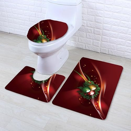 Bad Teppiche Set Vintage Rote Weihnachten Badezimmerteppich Waschbar WC Vorleger mit Ausschnitt und WC Deckelbezug 3 Teilig Badematte rutschfest Toilettensitzbezug Badgarnitur 45x75 cm
