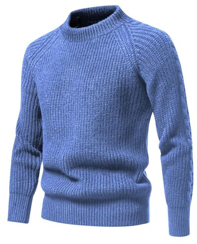 Mens Knitted Jumpers, Chunky Fisherman Jumper, Crew Neck Cotton Sweater, Thick Thermal Pullover Knitwear Raglan Sleeve Work Jumper Golf Sweater Autumn Winter Casual Warm Solid Color Jumpers Blue