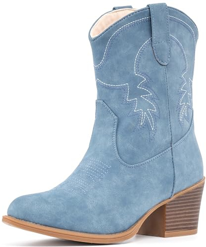 IXU Wide Cowboy Boots for Women Booties Ankle Cowgirl Western Boots Pointed Toe Short Chunky Classic Boots, Blue, 2.5 UK Wide