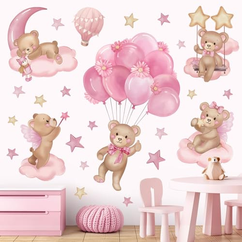 wondever Adesivi Murali Orso Mongolfiera Rosa Adesivi Parete Nuvole | Sticker da Muro Autoadesivo, Stacca e Attacca, Rimovibile, Decorazioni per Asilo Nido Camerette Bambini Camera da Letto