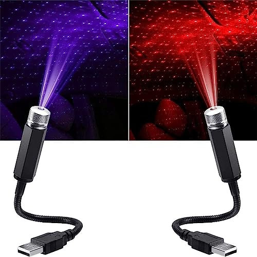 2Pcs Mini Led Projection Lamp Star Night, USB Car Roof Star Projector Night Light, Led Projection Lamp,Mini Night (Red,Blue)