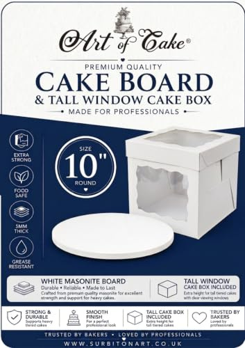 Art of Cake® 10 Inch Round Masonite Cake Board & 2 Sided Window Tall Cake Box Combo - 5mm Thick Cake Drum with Matching Box - For Tiered Birthday Wedding Celebration Cakes (254mm)
