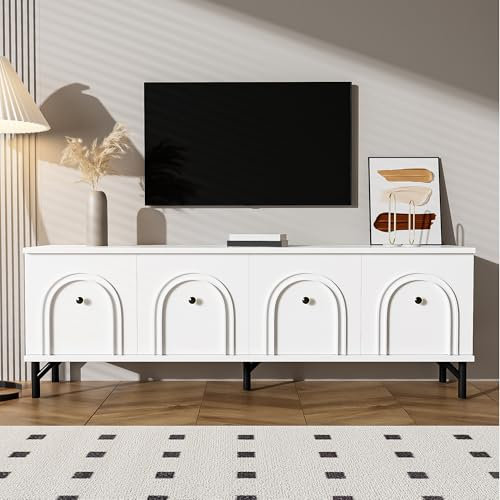 Merax Meuble TV moderne à 4 portes, 160 cm, élégant, facile à monter, pour salon, 160 x 38 x 55,5 cm, blanc