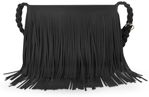 AdiStylinno Tassel Crossbody Bag for Women, PU Leather Fringe Boho Bag, Large Capacity Bohemian Tassel Shoulder Bag with Adjustable Woven Shoulder Strap (Black)